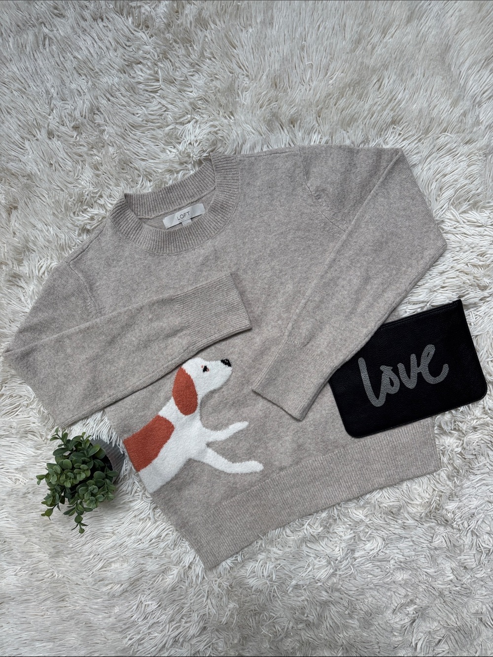 Loft Ribbed Crewneck Hound Dog Sweater 💗 Neutral Beige